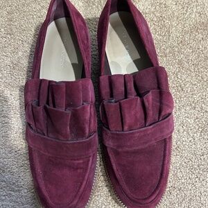 POUR La VICTOIRE Maroon suede ruffle oxfords